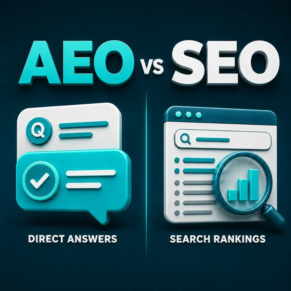 AEO vs SEO comparison showing answer engine optimization for direct AI answers versus SEO for traditional search rankings.