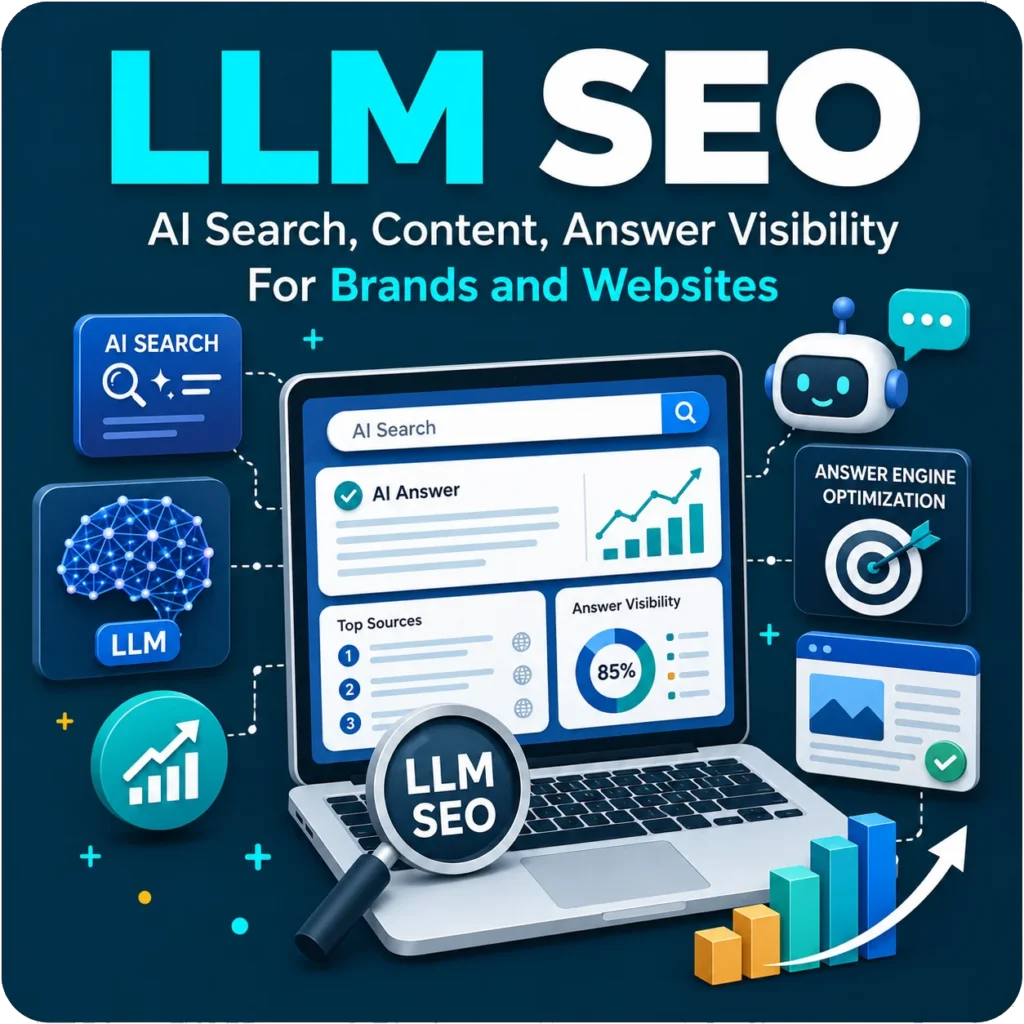 LLM SEO illustration showing AI search, answer visibility, content optimization and analytics