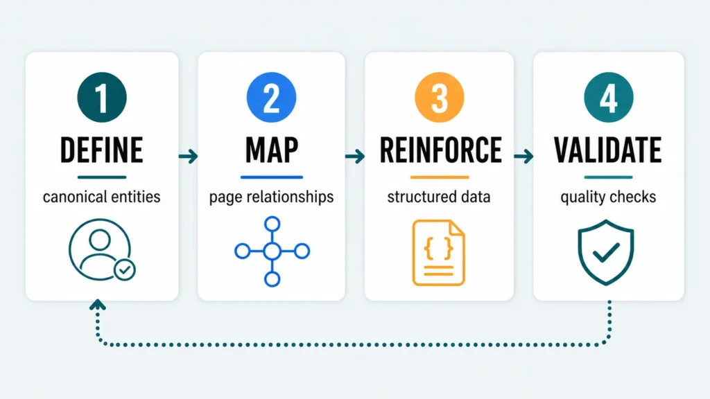 Knowledge Graph SEO: A Practical Entity Framework 1 Four-stage knowledge graph SEO process showing Define, Map, Reinforce, and Validate